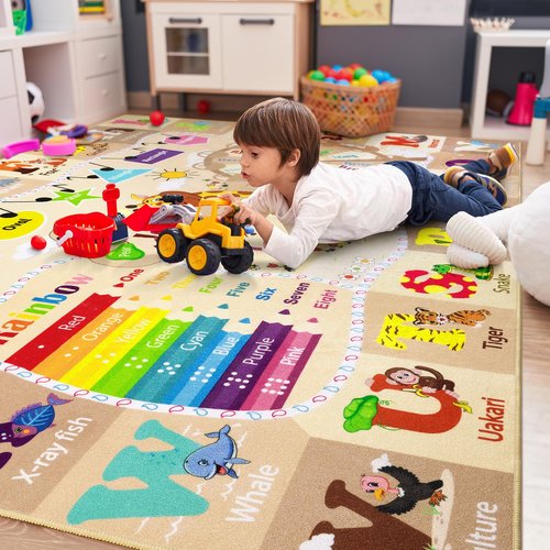 B BENRON Large Playroom Rug Daycare Kids Rug 6x9,Educational and Fun Nursery Rug with ABC Alphabet Animals Classroom Rug Washable Kids Play Mat Baby Toddler Children Girls Rugs for Bedroom,Beige