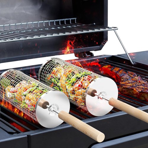 Ivtivfu Rolling Grill Basket - 304 Stainless Steel BBQ Tool with Removable Wooden Handle | Perfect for Outdoor Cooking and Camping
