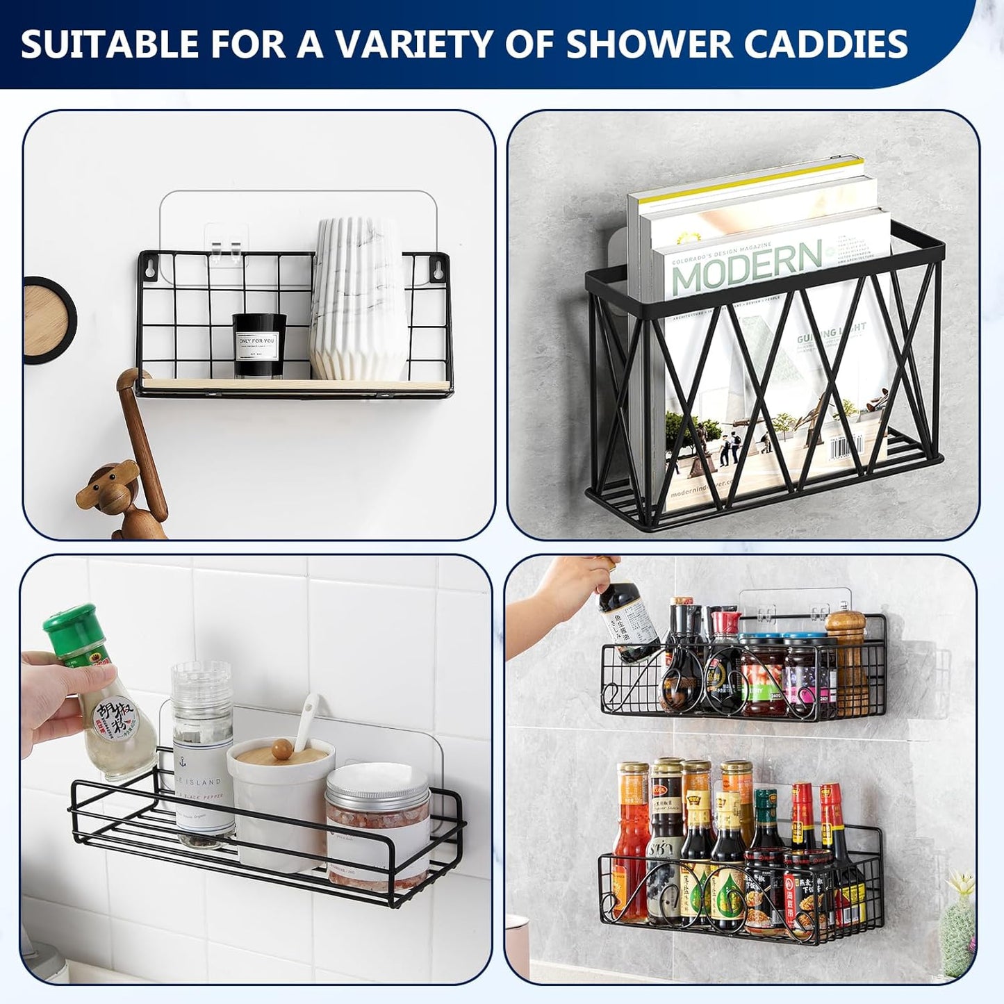 Skiennix Shower Caddy Adhesive Hooks - Strong Transparent Stickers for Bathroom & Kitchen Storage | 9-Pack