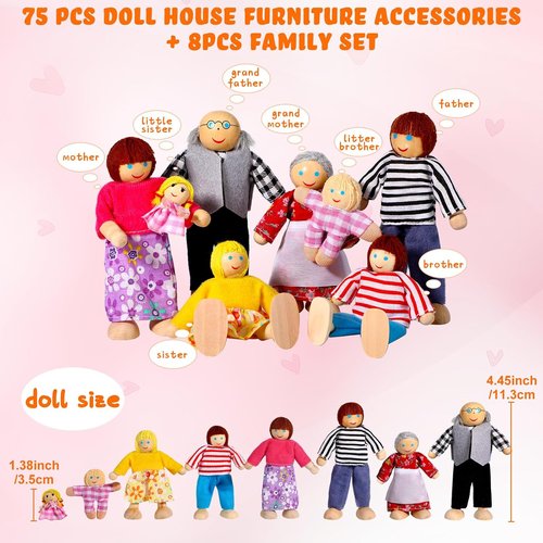 HyDren 83-Piece Wooden Dollhouse Furniture Set - Includes 8 Flexible Dolls for 5 Rooms | Perfect Gift for Toddlers