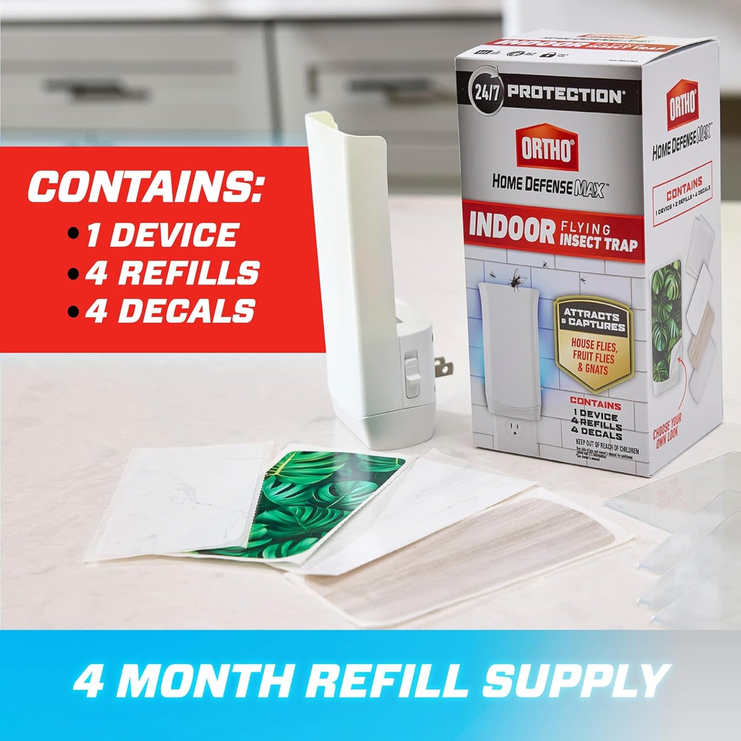 Ortho Home Defense Max Indoor Flying Insect Trap, Light Trap for House Flies, Fruit Flies, and Gnats, 1 Plug-in and 4 Refills