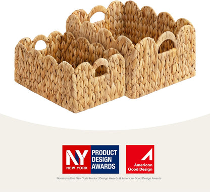 StorageWorks Scalloped Edge Wicker Basket - Hand-Woven Rattan Baskets with Handles | 2 Pack for Organizing & Decor