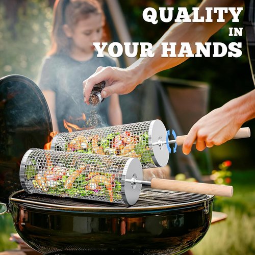 Ivtivfu Rolling Grill Basket - 304 Stainless Steel BBQ Tool with Removable Wooden Handle | Perfect for Outdoor Cooking and Camping