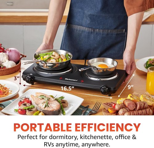Elite Gourmet Double Cast Iron Burner - 1500 Watts Electric Hot Plate with Temperature Control | Black
