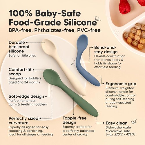 KeaBabies Silicone Baby Spoons - Self-Feeding Utensils for 6-12 Months | 3-Pack Dishwasher-Safe Set (Slate)