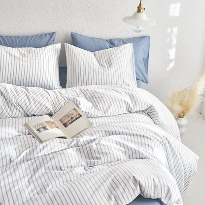 Wake In Cloud - Striped Cotton Duvet Cover Set, Ticking Stripe Vertical Pinstripe Farmhouse, 100% Washed Cotton Textured Bedding Set, 3 Pieces, Blue White, Queen Size
