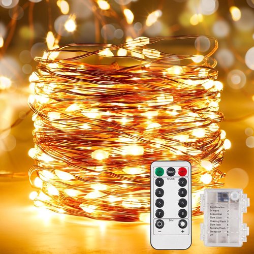 Ariceleo Outdoor String Lights - 65.6 Ft Battery Operated LED Fairy Lights with Remote & Timer | Waterproof Warm White Twinkle Lights for Weddings, Parties & More