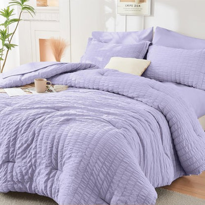 HYMOKEGE Light Purple King Size Comforter Set Seersucker 7 Pieces, All Season Luxury Bed in a Bag for Bedroom, Bedding Set with Comforter, Sheets, Pillowcases & Shams