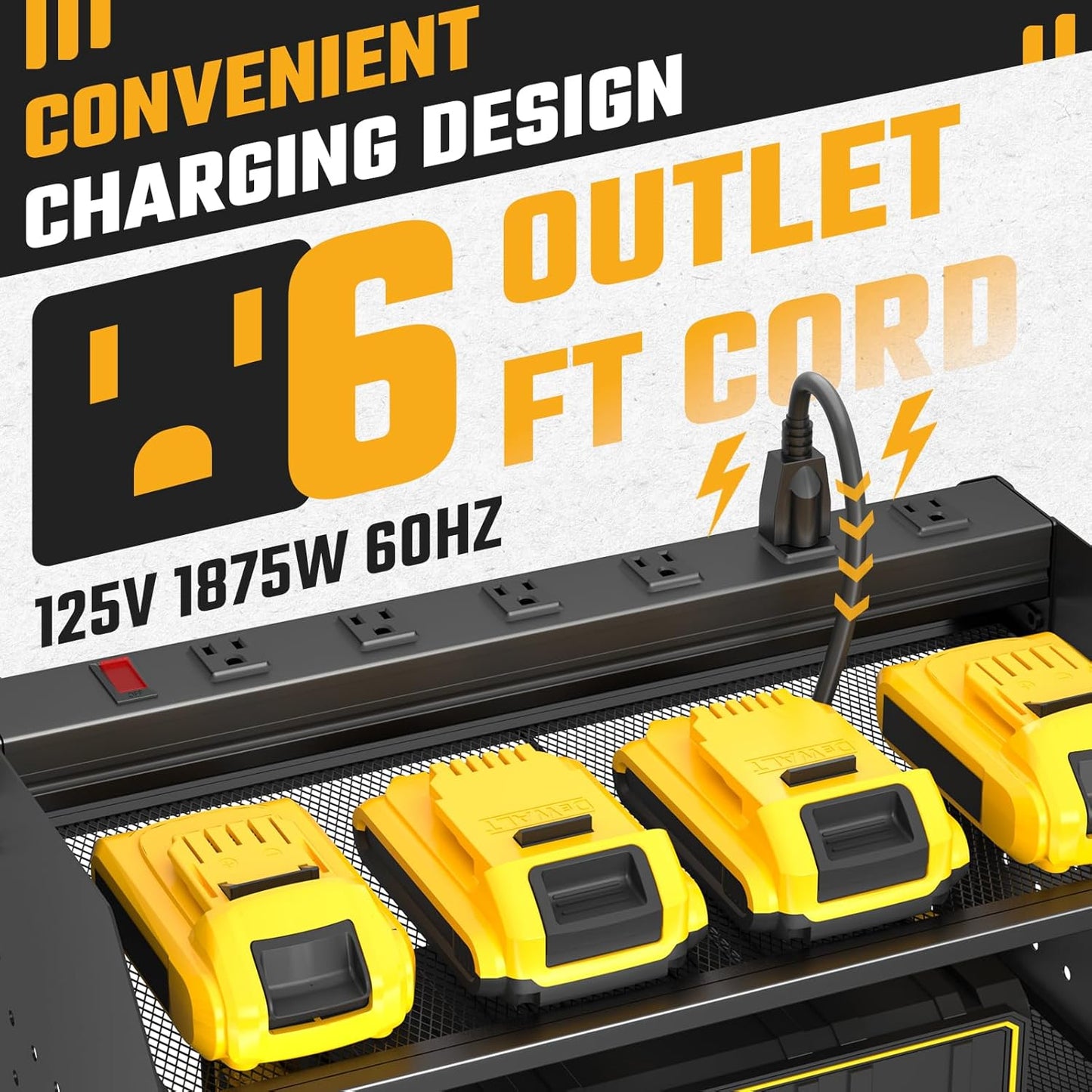 ZESEN Power Tool Organizer - 3-Layer Wall Mount Charging Station with 6 Outlets & Drill Holders | Black