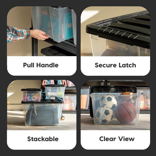 IRIS USA 13 Qt Stackable Storage Bins with Lids - BPA-Free, Durable & Nestable | Clear/Black, 4 Pack