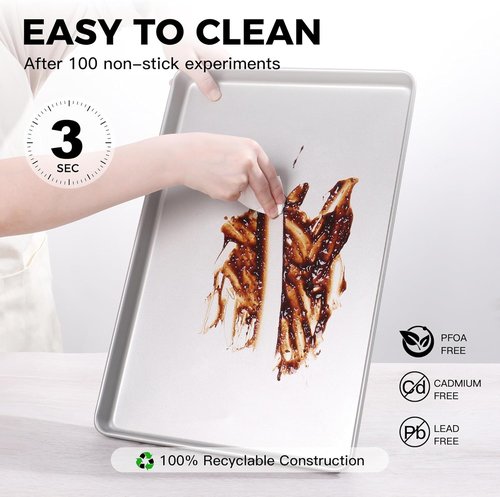 HONGBAKE Nonstick Half Baking Sheet Pan Set of 2 | Heavy Duty Cookie Trays - Dishwasher Safe, Silver