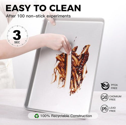 HONGBAKE Nonstick Half Baking Sheet Pan Set of 2 | Heavy Duty Cookie Trays - Dishwasher Safe, Silver
