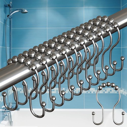 BigFoot Shower Curtain Hooks - 12 Rust-Resistant Stainless Steel Double Hooks, Easy Glide & Secure Hold, Fits Any Shower Curtain Rod, Rings Hold Liners & Curtains, Nickel Color