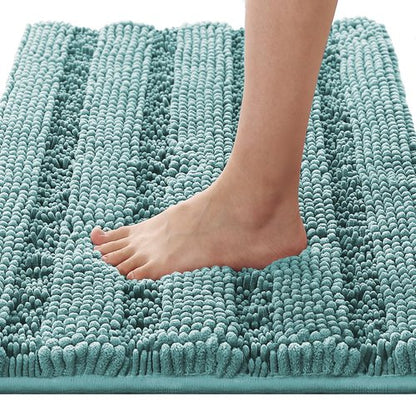 H.VERSAILTEX Bath Rugs for Bathroom Non Slip Bath Mats Extra Thick Chenille Striped Rug 20" x 32" Absorbent Non Skid Fluffy Soft Shaggy Washable Plush Mat for Indoor, Bath Room, Tub - Aqua Haze