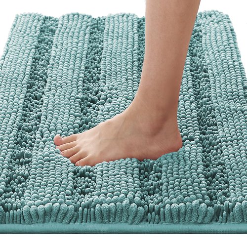 H.VERSAILTEX Bath Rugs for Bathroom Non Slip Bath Mats Extra Thick Chenille Striped Rug 20" x 32" Absorbent Non Skid Fluffy Soft Shaggy Washable Plush Mat for Indoor, Bath Room, Tub - Aqua Haze