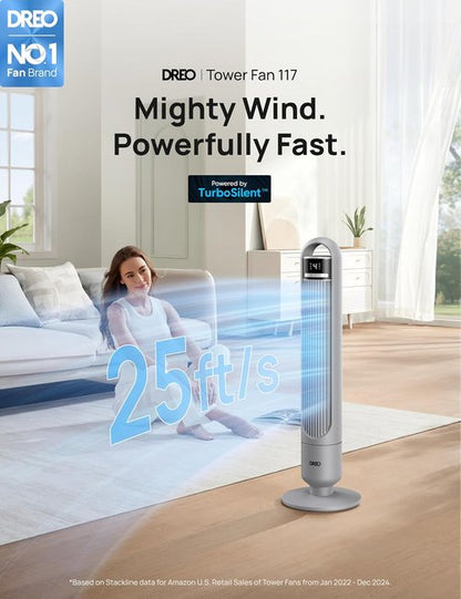 Dreo Tower Fan - 90° Oscillating Standing Fan with 3 Modes, 4 Speeds & 8H Timer - Grey