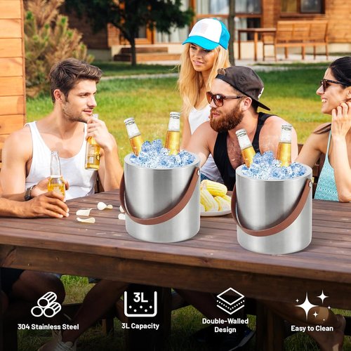 Loungewave Ice Bucket with Lid, 3L Double Wall Insulated Ice Bucket with Scoop, Tong, Strainer and Leather Handle, Ice Container to Keep Ice Frozen Longer, Ideal for Cocktail Bar, Parties