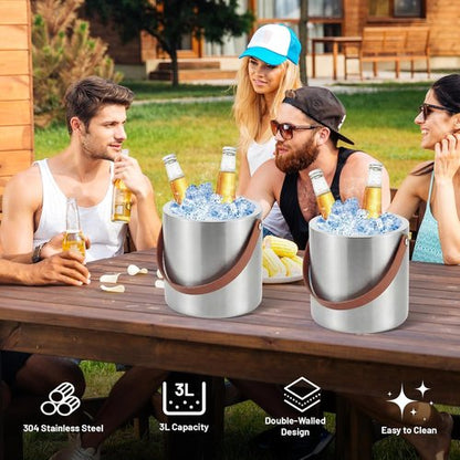 Loungewave Ice Bucket with Lid, 3L Double Wall Insulated Ice Bucket with Scoop, Tong, Strainer and Leather Handle, Ice Container to Keep Ice Frozen Longer, Ideal for Cocktail Bar, Parties
