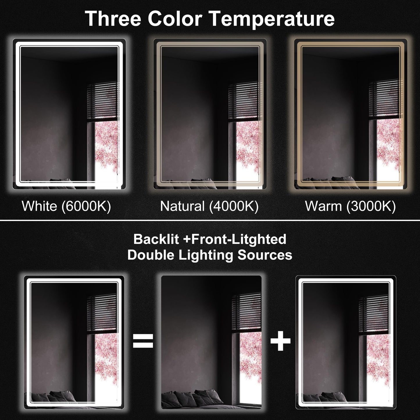 FORTENY Led Mirror for Bathroom Large LED Bathroom Makeup Mirror with Dimmable Lights, Anti-Fog, 27 x 36 inch