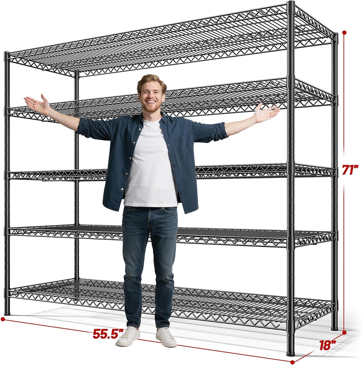 Reibii 3200LBS Heavy Duty Garage Shelving - 5 Tier Adjustable Metal Unit | 55.5" W x 18" D x 71" H
