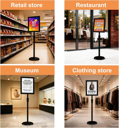 Sign Holder Stand by [Brand Name] - 8.5x11″ Adjustable Freestanding Display Frame | Black Pedestal Base for Menus & Logos