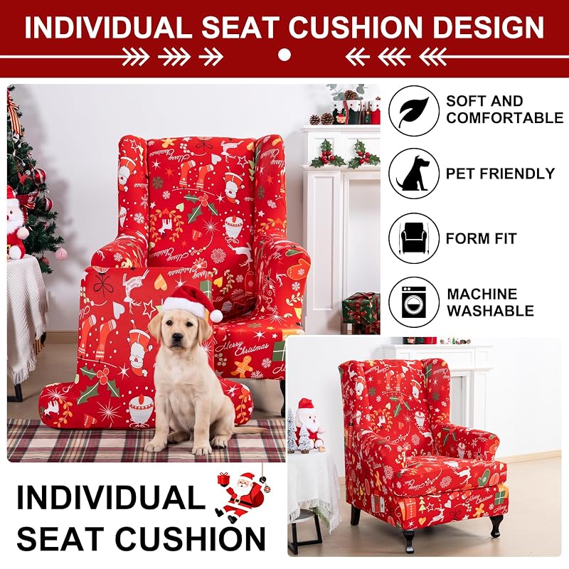 Wingback Chair Slipcover 2-Piece Universal Fit, Elastic, Anti-Pill 92% Polyester
