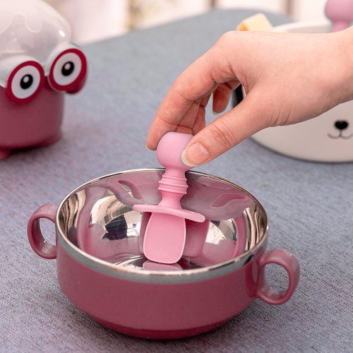 Silikong Silicone Utensils, Baby Fork and Spoon Set, Training Utensils, Baby Led Weaning Stage 1 for Ages 6 Months (Pink)