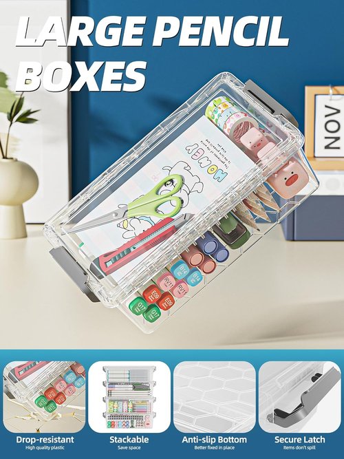 BiuLeon Extra Large Pencil Box Set - Clear Plastic Organizer for Art Supplies | Stackable Craft Storage (Grey)