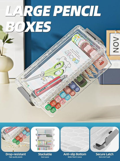 BiuLeon Extra Large Pencil Box Set - Clear Plastic Organizer for Art Supplies | Stackable Craft Storage (Grey)