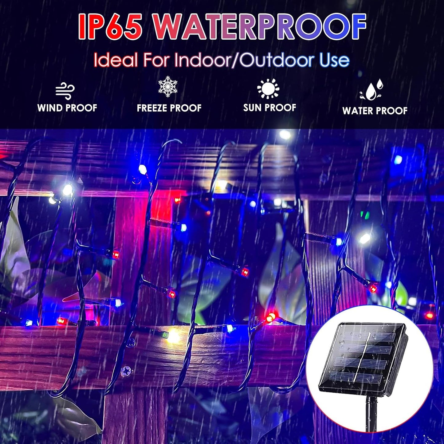 Skiennix 4th of July Outdoor Decorations - 4pk Red, White & Blue Solar String Lights | 400 LEDs, 132FT, Waterproof