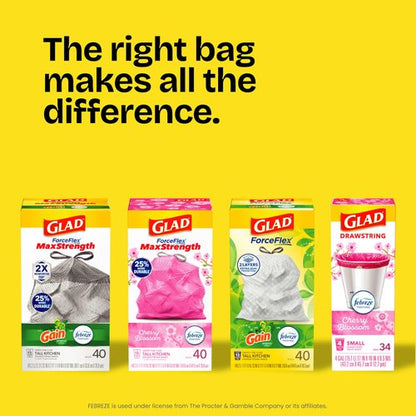 Glad Trash Bags, OdorShield Small Garbage Bags, Gain Original with Febreze Freshness, 4 Gallon, 26 Count, 26 ct