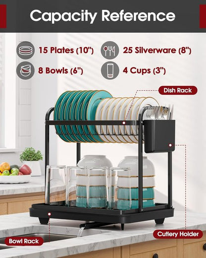2-Tier Dish Drying Rack - Stainless Steel Kitchen Organizer with Cutlery Holders | 15" W x 11.4" L x 15" H, Black
