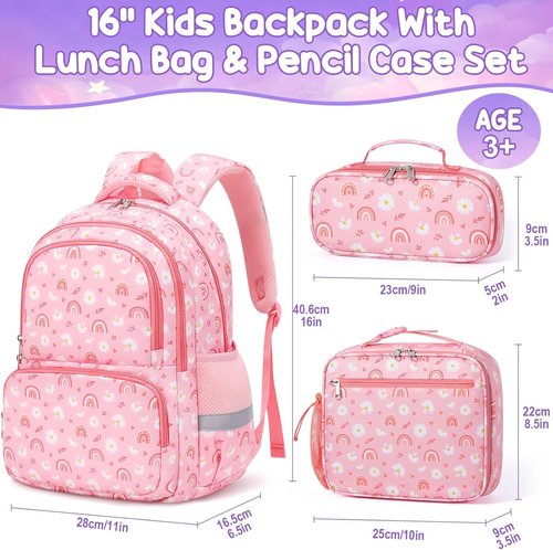 Fimibuke Kids Backpack - 3-in-1 Set with Lunch Box & Pencil Case for Girls, Ages 3-12 | Daisy Design