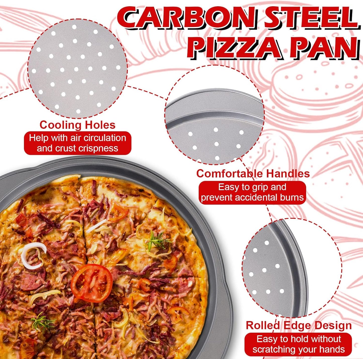 Skiennix 13" Round Pizza Pan - Non-Stick Carbon Steel with Holes & Handle | Easy to Clean & Oven Safe (2 Pack)