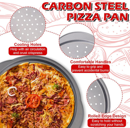 Skiennix 13" Round Pizza Pan - Non-Stick Carbon Steel with Holes & Handle | Easy to Clean & Oven Safe (2 Pack)