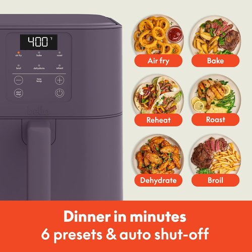 Bella 6 Qt Slim Air Fryer - EverGood™ Ceramic Nonstick Coating, Adjustable Temp, 60 Min Auto Shutoff, Plum