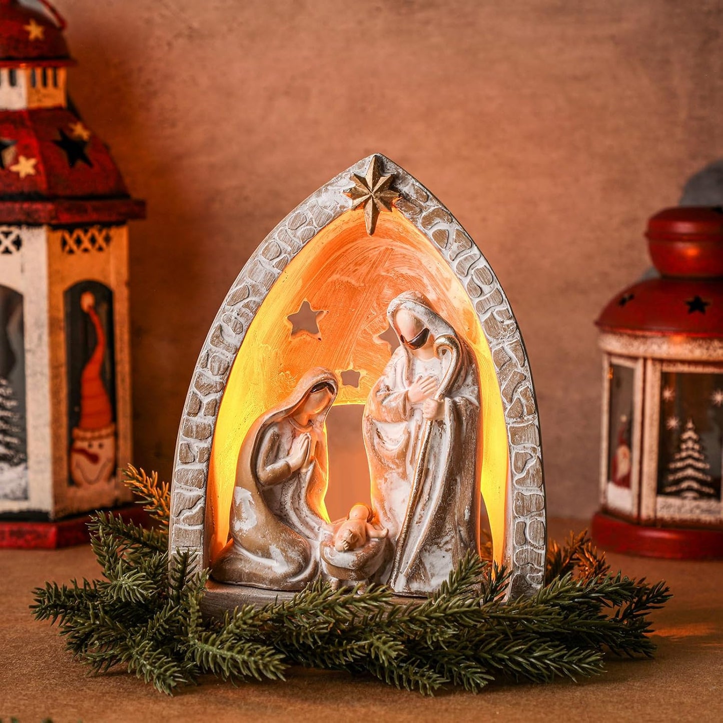 WILLBOND Nativity Set - Indoor Holy Family Manger Scene with LED Lights | 6.7 x 5.5 x 3.9 Inch Tabletop Decor