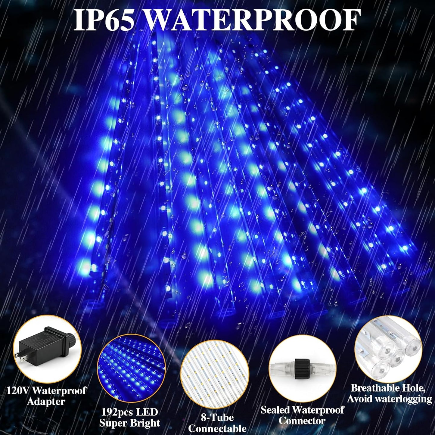 Meteors Shower Lights - 192 LED Falling Rain Lights | Waterproof 11.8-Inch Blue Christmas Decor