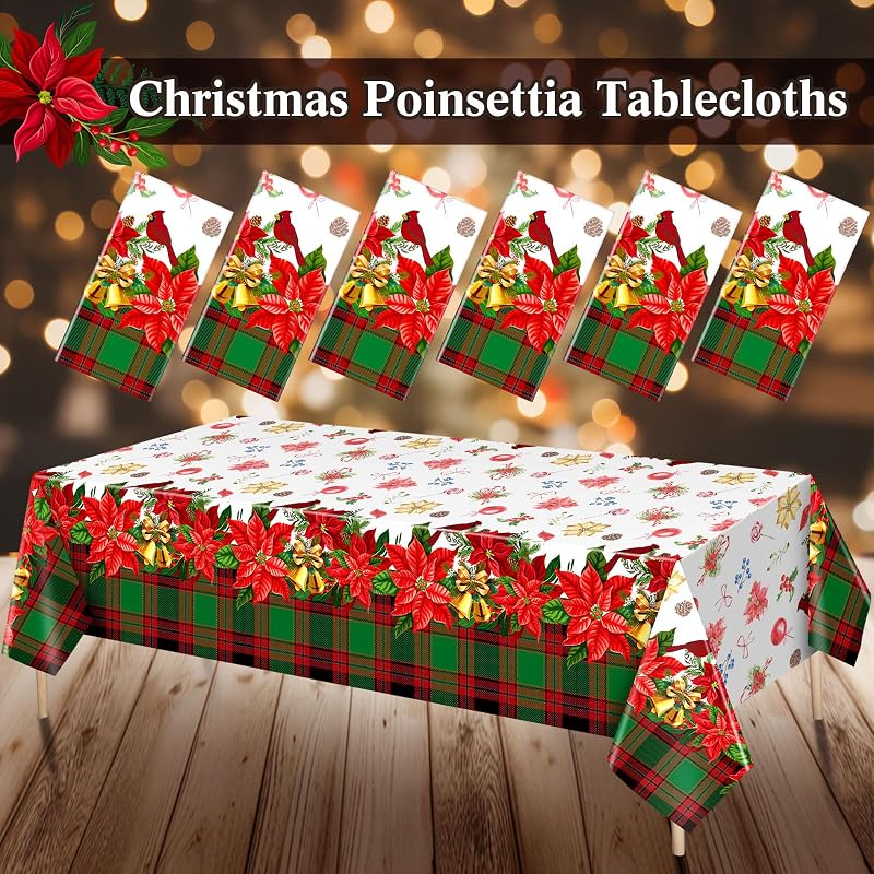 Peryiter 6 Pcs Merry Christmas Plastic Poinsettia Tablecloths 54 x 108 Inches - Variation 6