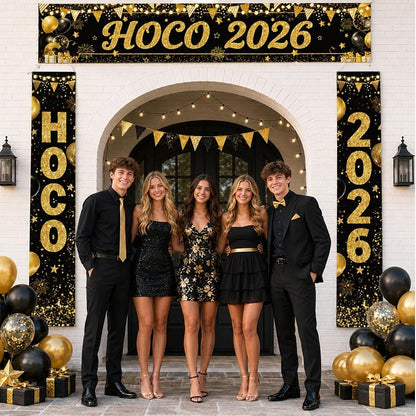 HOCO 2026 Welcome Banner Set - Black & Gold Porch Signs, 3-Piece Yard Decor for Homecoming
