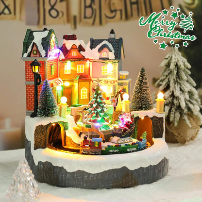 Afirst Christmas Village Houses - Lighted Collectible Figurines with Moving Train & Santa Sleigh | Musical Indoor Display