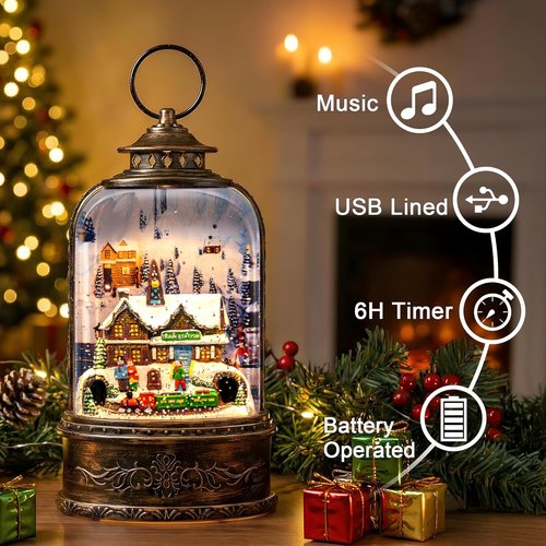 Christmas Village Snow Globe - Musical Water Lantern with Train Station Scene | Battery Operated & USB Powered Holiday Decoration
