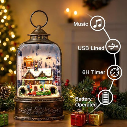 Christmas Village Snow Globe - Musical Water Lantern with Train Station Scene | Battery Operated & USB Powered Holiday Decoration