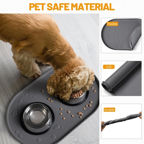 Hubulk 100% Waterproof Silicone Pet Feeding Mat - Raised Edge for Food & Water | Gray, 19" L x 12" W