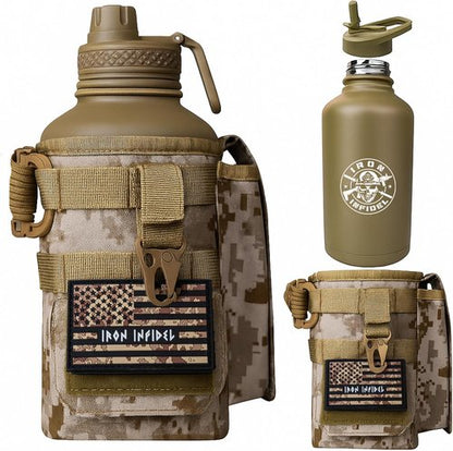 Iron Infidel Battle Bottle - Insulated 64 oz Tactical Stainless Steel Water Jug with Handle | Rugged Gym Bottle (MARPAT)