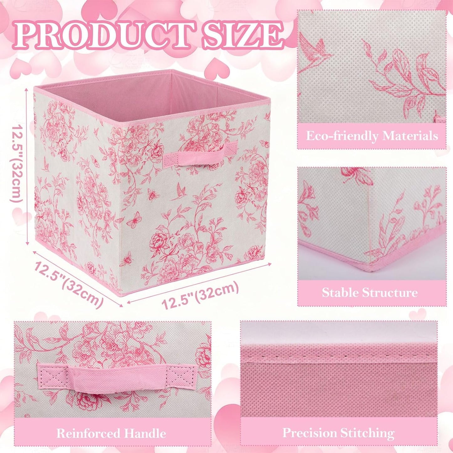 Skiennix Pink Floral Cube Storage Bins - 12.5 Inch Collapsible Organizer Baskets for Home & Office