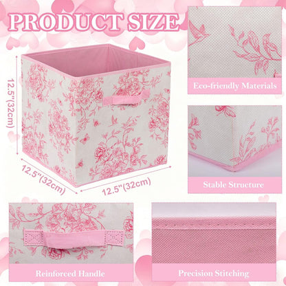 Skiennix Pink Floral Cube Storage Bins - 12.5 Inch Collapsible Organizer Baskets for Home & Office