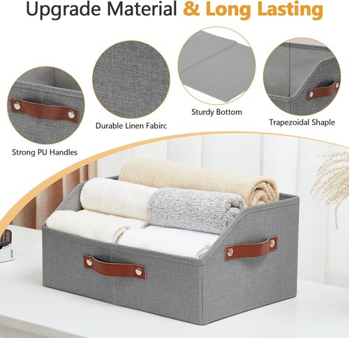 Bagnizer Linen Trapezoid Storage Bins - Collapsible Closet Organizer with Handles | Gray