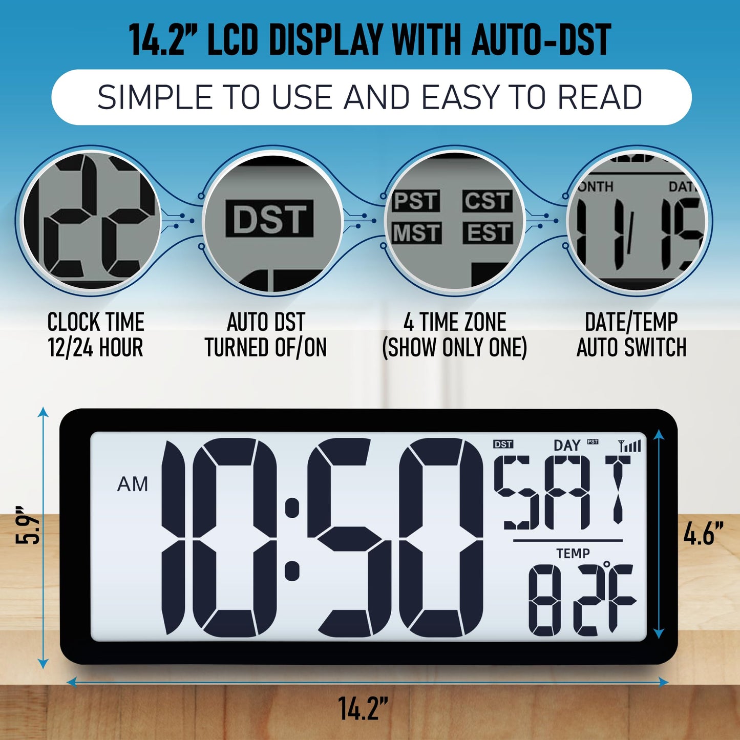 TXL Atomic Clock with Backlight, 14.2" Large Digital Wall Clock Battery Operated, Digital Clock Large Display with Day, Date & Temperature, Large Wall Clock for Bedroom, Livingroom, Office