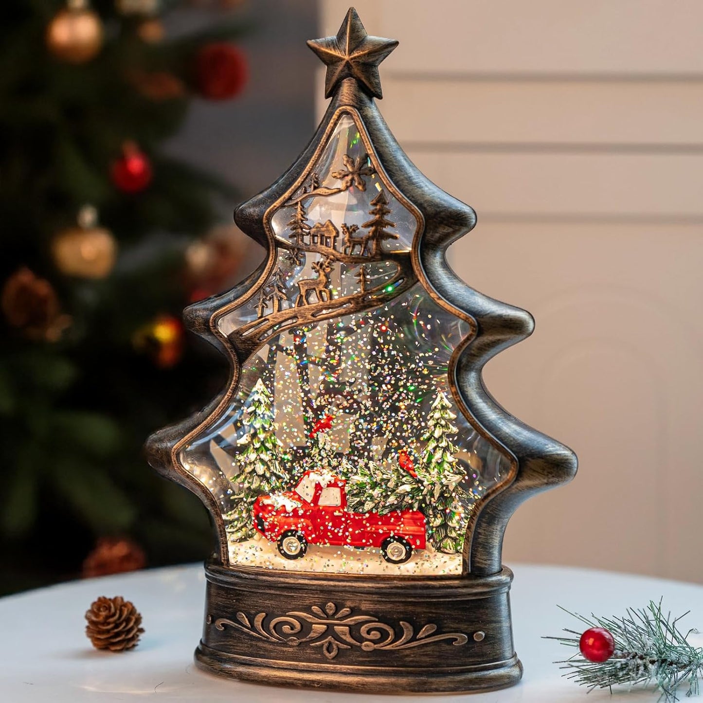 Skiennix Snow Globe Lantern - 11.5 Inch Musical Christmas Tree Figurine with Red Truck & Glitter
